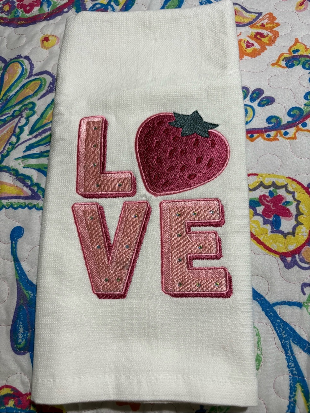 White Towel with Pink LOVE Strawberry Appliqué